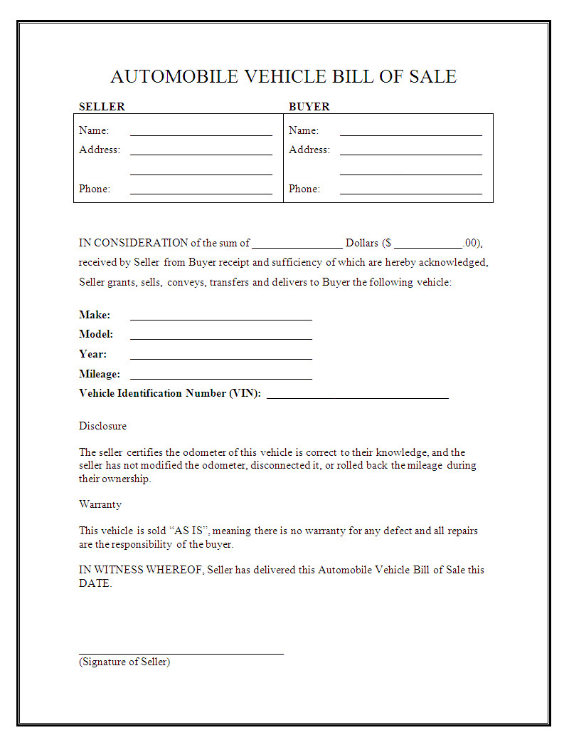Bill Of Sale Vehicle Template Free Printable Vehicle Bill Of Sale Template form Generic