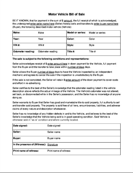 Bill Of Sale Vehicle Template Motor Vehicle Bill Of Sale