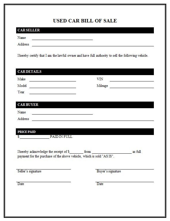 Bill Of Sale Vehicle Template Used Car Bill Sale Template