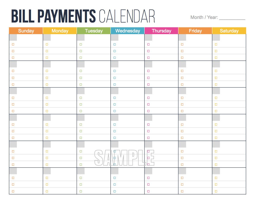 Bill Pay Calendar Template Bill Payments Calendar Editable Personal Finance