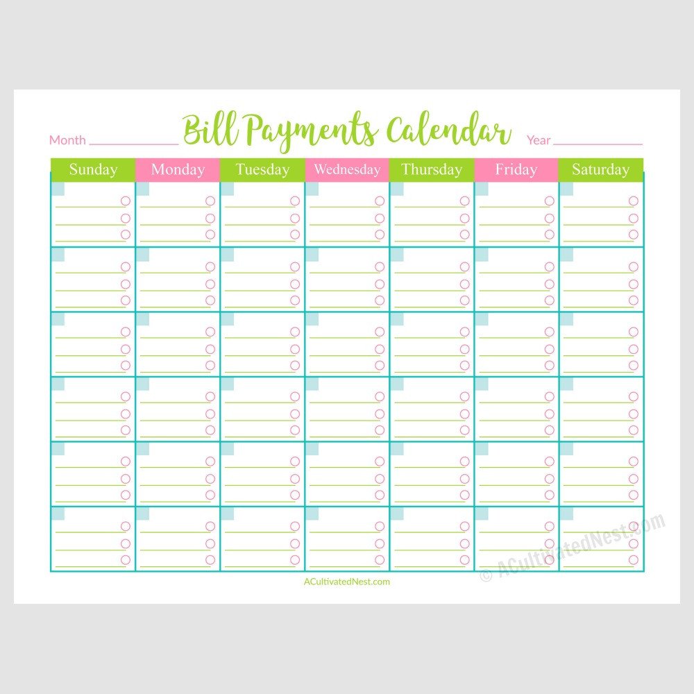 Bill Pay Calendar Template Printable Bill Payments Calendar A Cultivated Nest