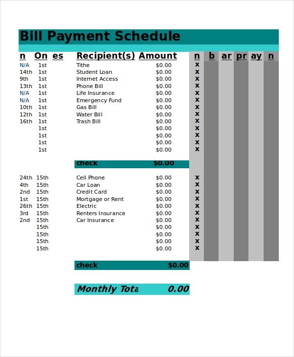 Bill Pay Schedule Template 13 Sample Excel Schedule Templates Free Example