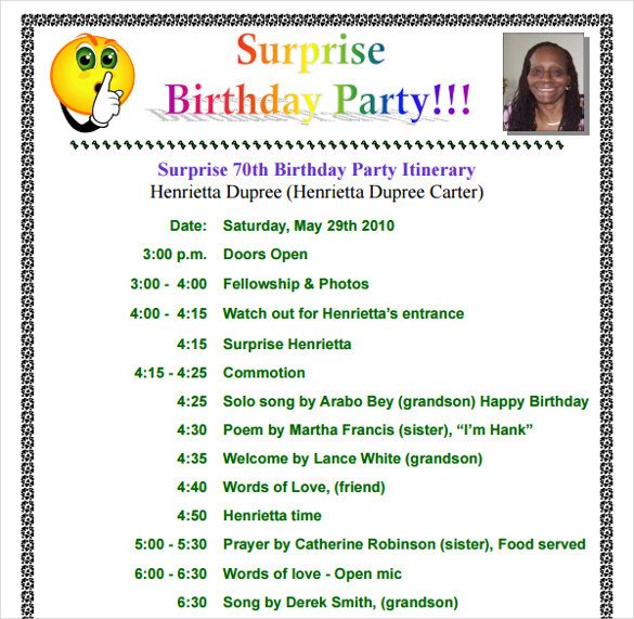 Birthday Party Program Outline 11 Birthday Itinerary Templates – Free Sample Example