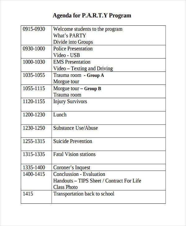 Birthday Party Program Outline Free 17 Party Agenda Examples