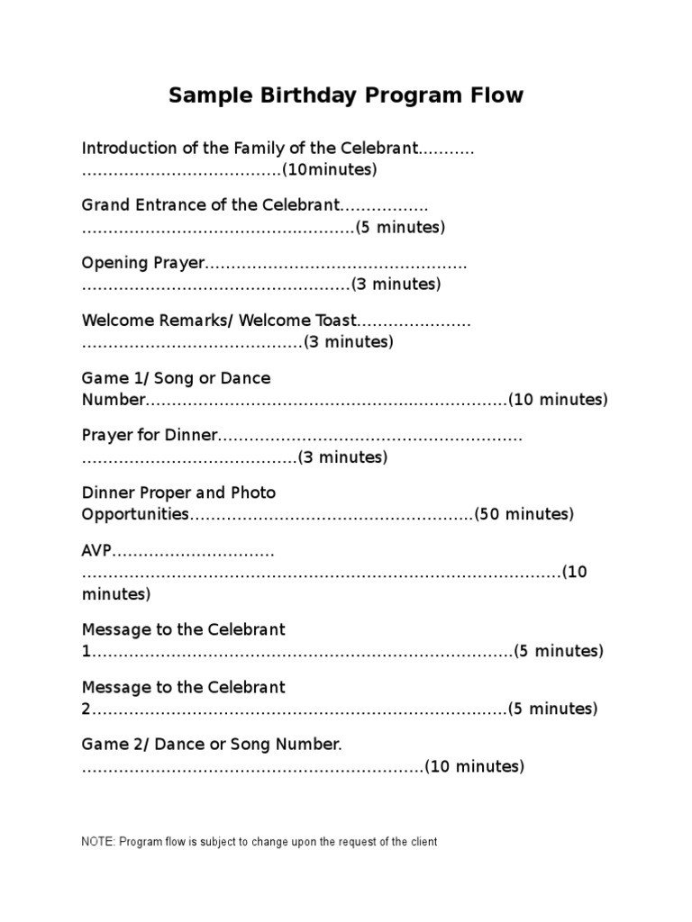 Birthday Party Program Outline Sample Program Flow Birthday