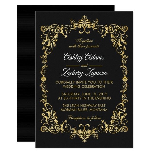Black and Gold Invitation Template Black ornate Gold Scroll Border Wedding Invitation