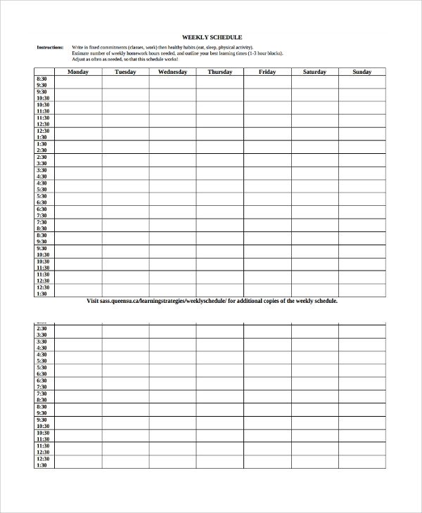 Blank Daily Schedule Template Sample Weekly Work Schedule Template 7 Free Documents