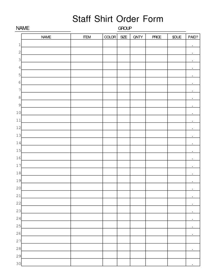 Blank Fundraiser order form Template Shirt order form Staff Shirt order form