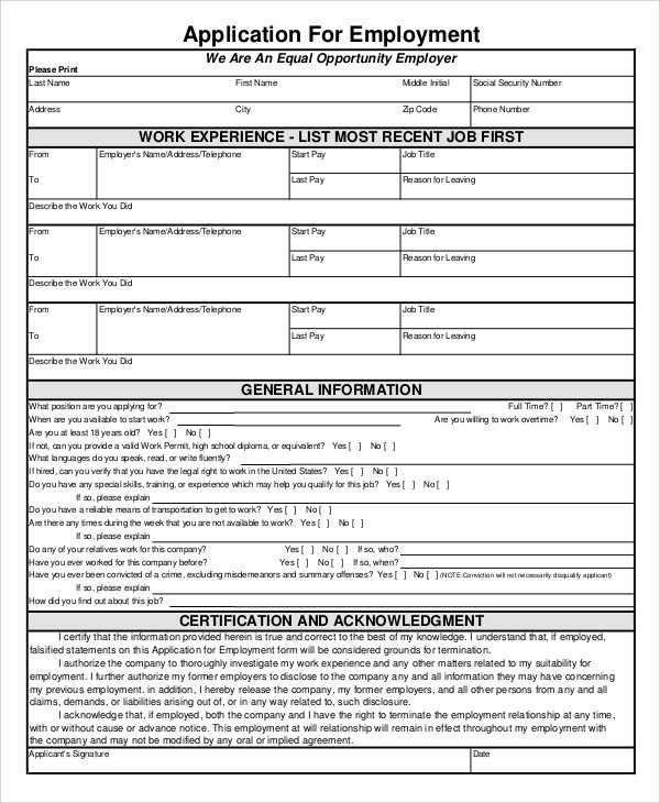 Blank Job Application Template Sample Employment Application form 8 Examples In Word Pdf