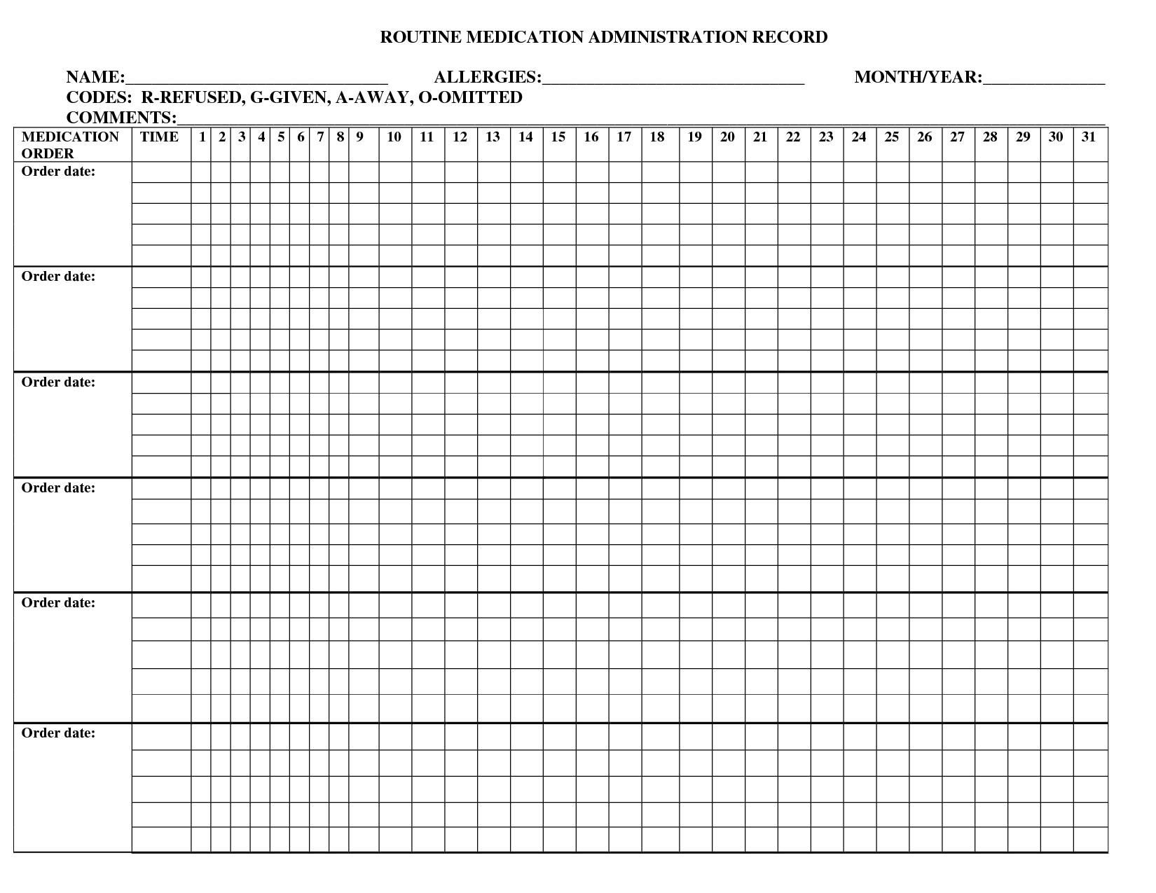 Blank Medication Administration Record Template Free Printable Medication Administration Record