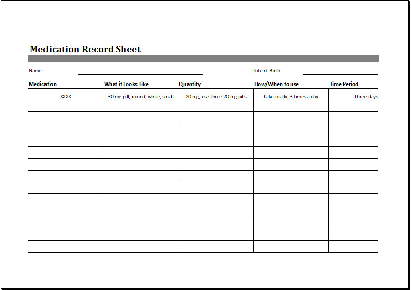 Blank Medication Administration Record Template Medication Record Sheet Editable Printable Excel Template