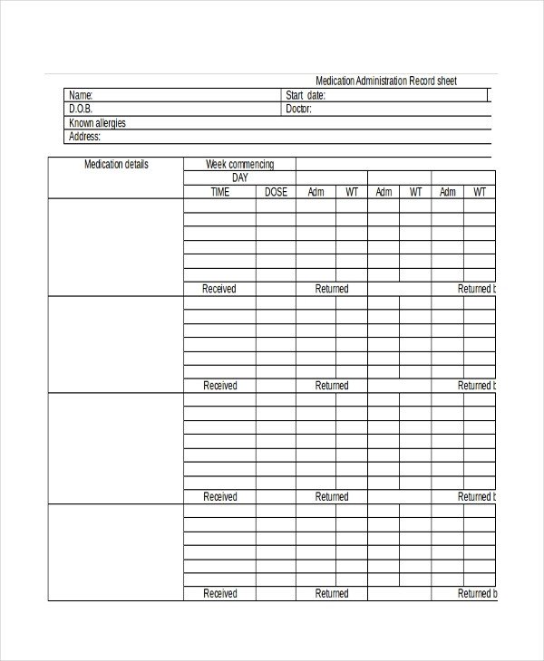 Blank Medication Administration Record Template Medication Sheet Template 10 Free Word Excel Pdf
