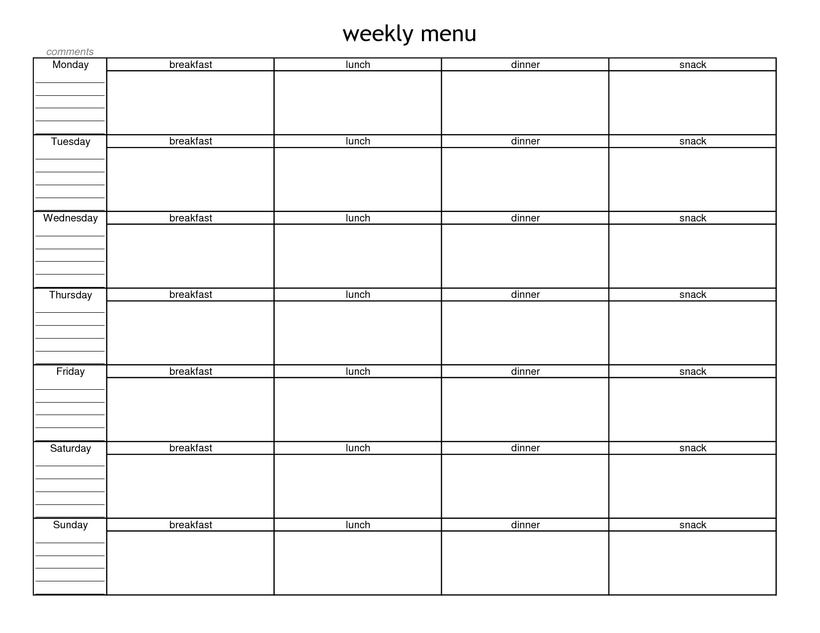 Blank Menu Template Free Blank Weekly Menu Planner Template