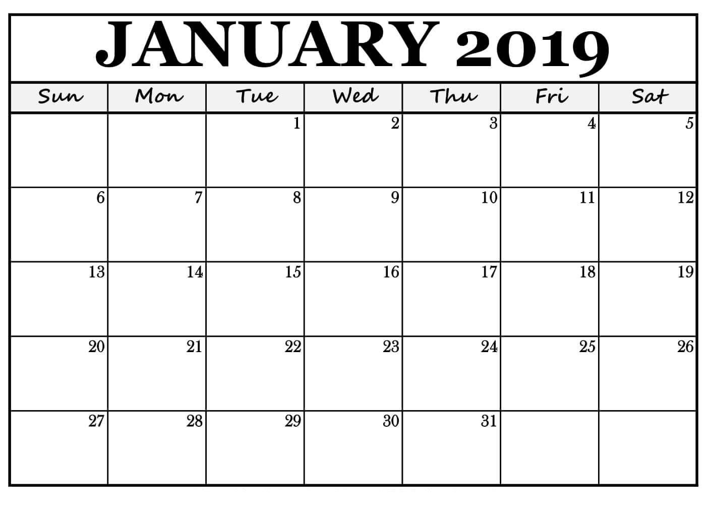 Blank Monthly Calendar Template Pdf January 2019 Calendar for Landscape Free Print