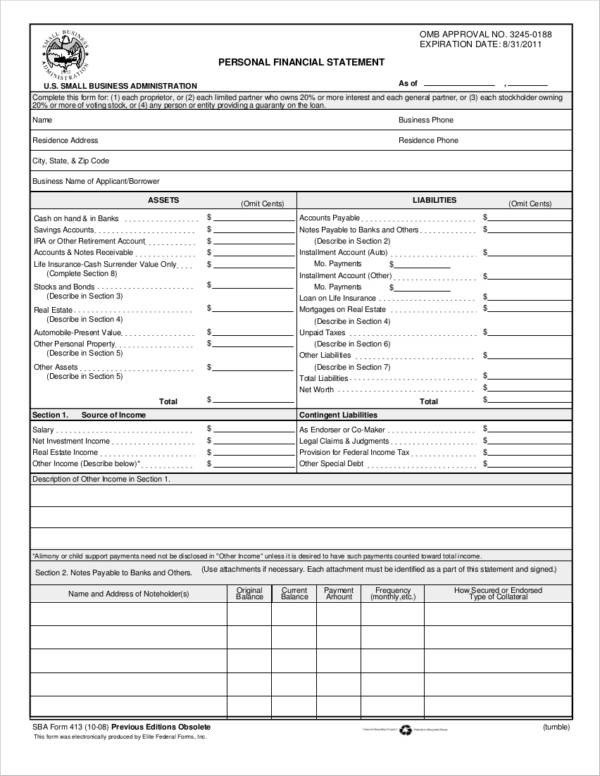 Blank Personal Financial Statement 12 Personal Financial Statement Samples &amp; Templates Pdf