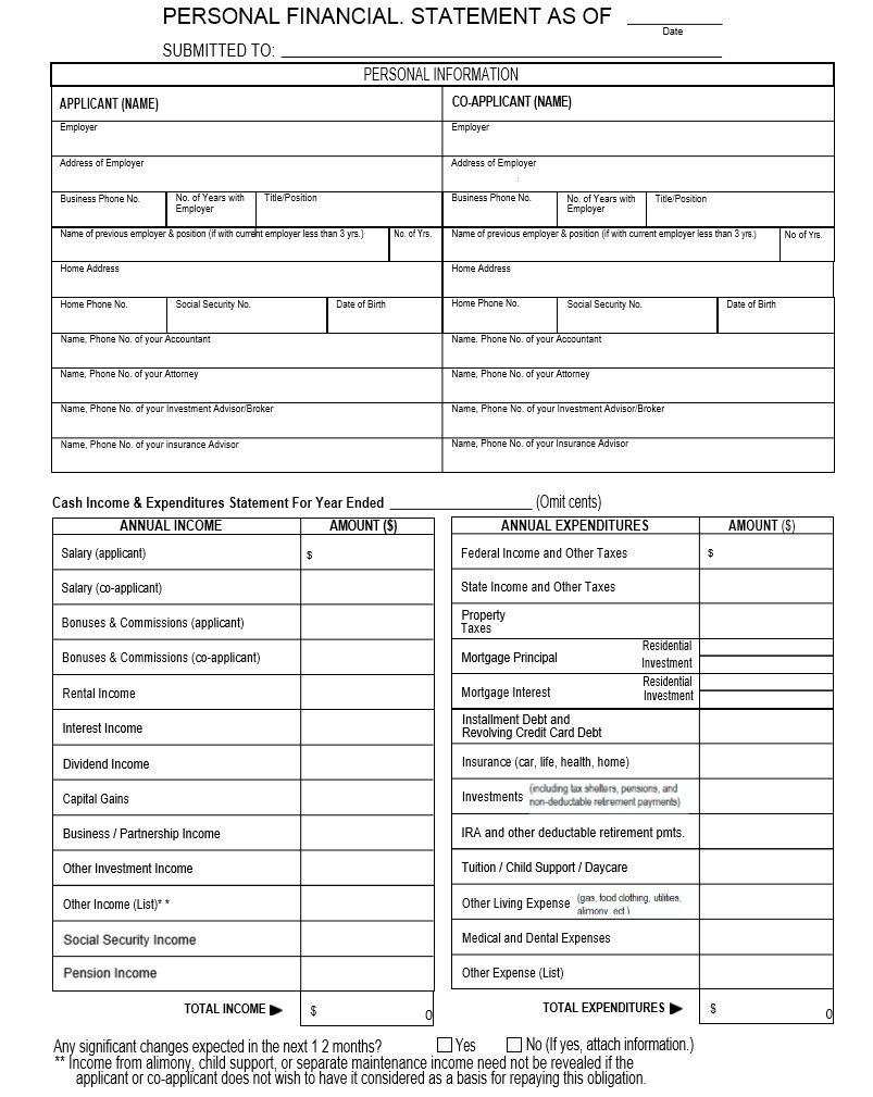 Blank Personal Financial Statement 40 Personal Financial Statement Templates &amp; forms