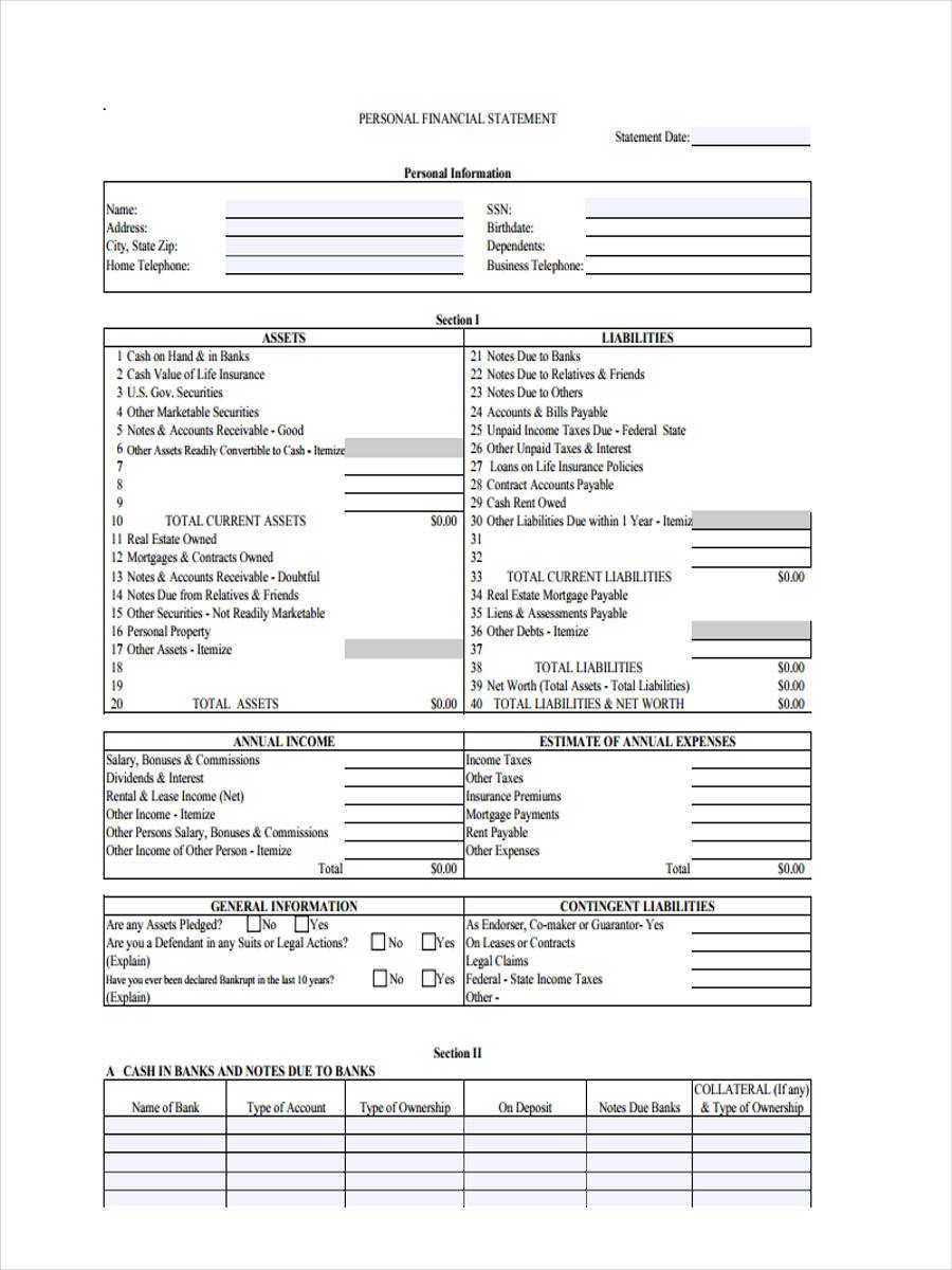Blank Personal Financial Statement 6 Personal Financial Statement form Sample Free Sample
