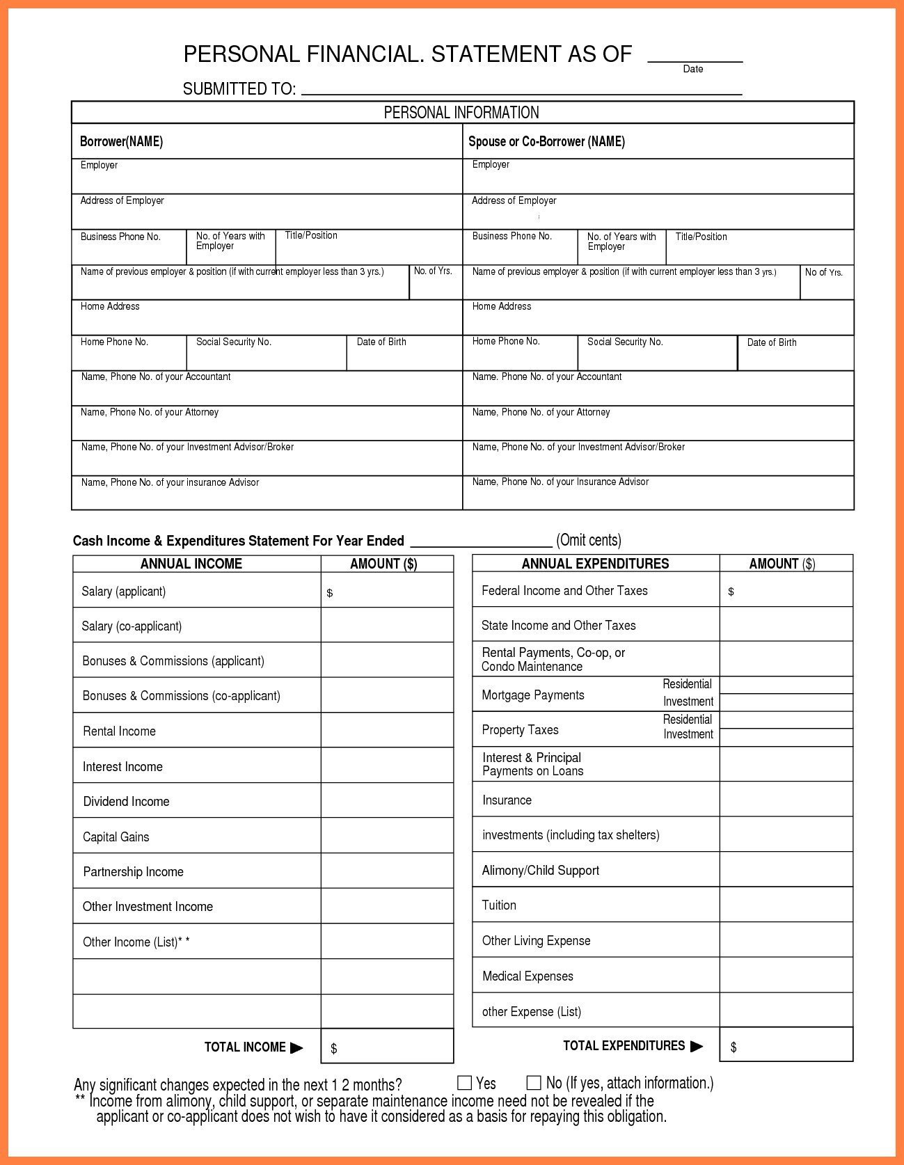 Blank Personal Financial Statement Free Personal Financial Statement Template Download form