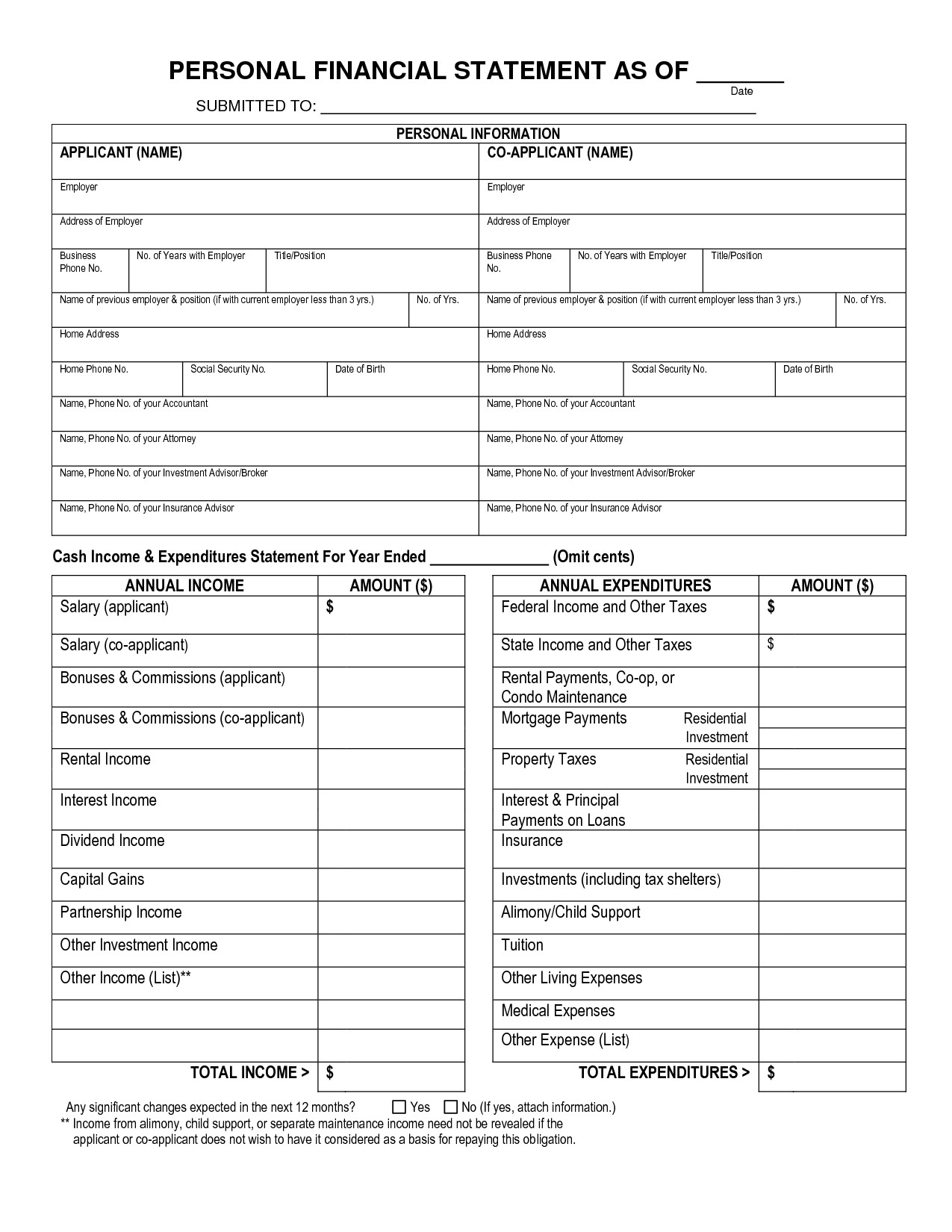 Blank Personal Financial Statement Free Printable Personal Financial Statement