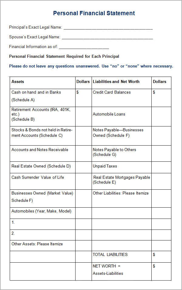 Blank Personal Financial Statement Personal Financial Statement Templates 15 Download Free