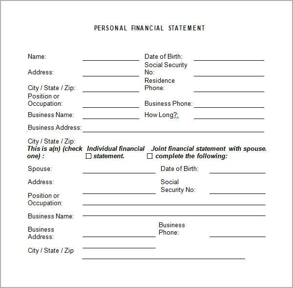Blank Personal Financial Statement Personal Financial Statement Templates 15 Download Free