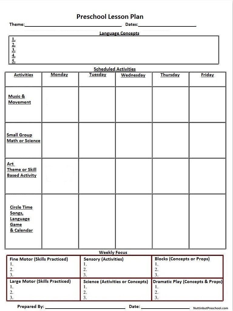 Blank Preschool Lesson Plan Template Blank Printable Lesson Plan Sheet