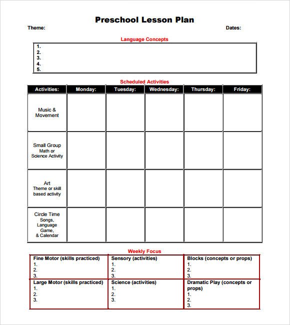 Blank Preschool Lesson Plan Template Sample Preschool Lesson Plan 10 Pdf Word formats