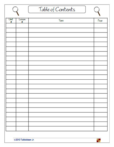 Blank Table Of Contents Science Notebooking