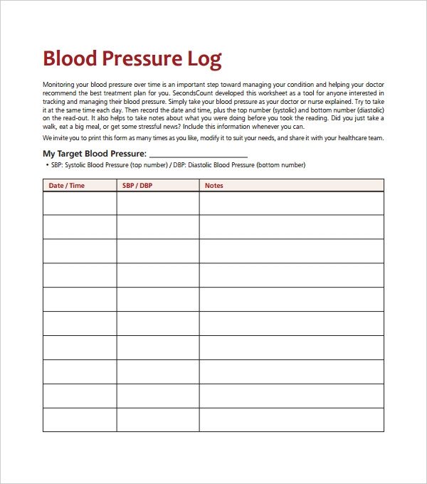 Blood Pressure Log Printable Blood Pressure Log Template – 10 Free Word Excel Pdf