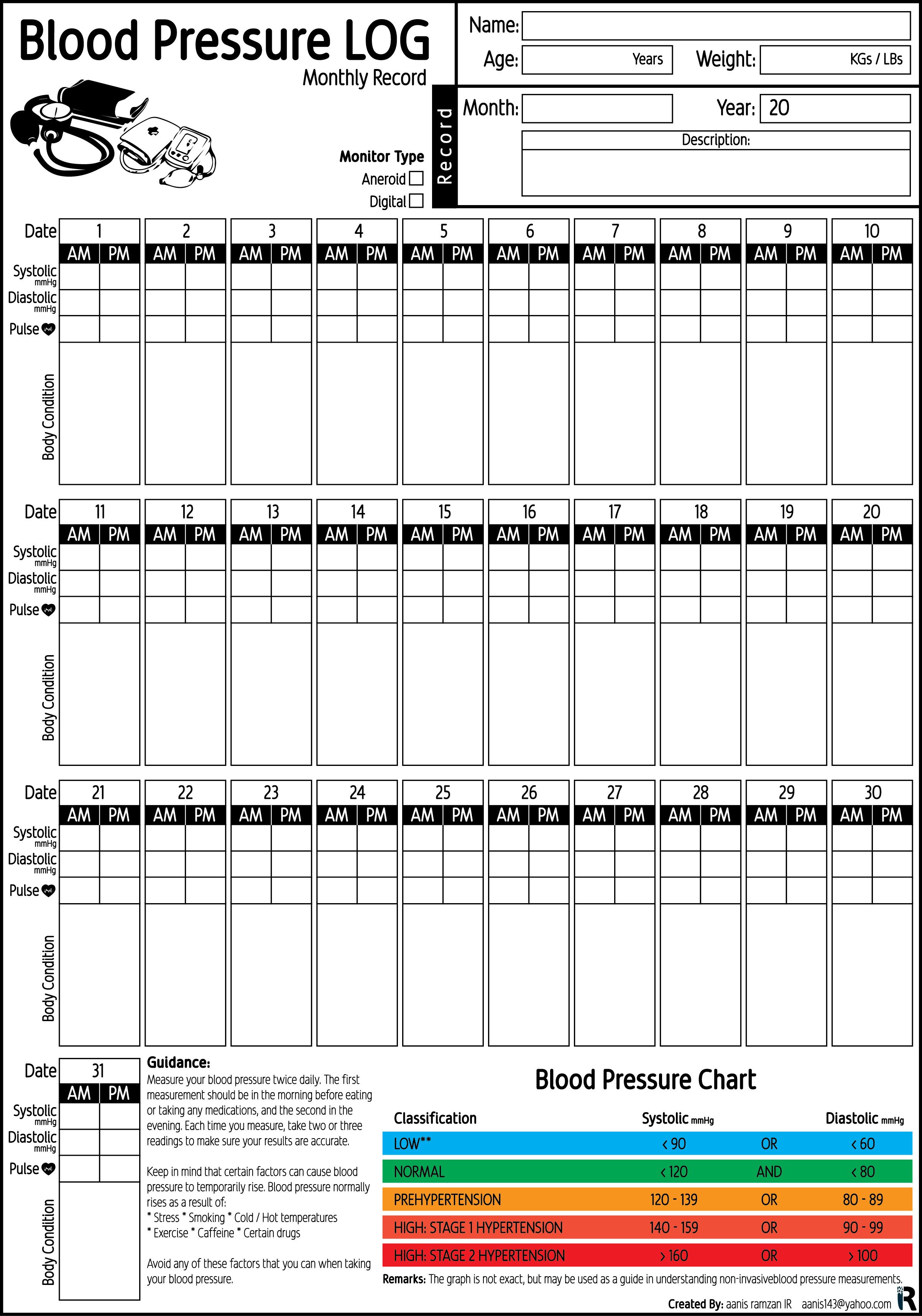 Blood Pressure Record Chart Blood Pressure Log Monthly Record Pdf Printable By Aanis Of Blood Pressure Record Chart 1 