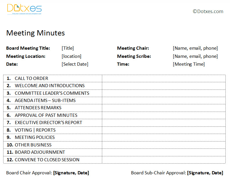 Board Meeting Minutes Templates Board Meeting Minutes Template Plain format Dotxes