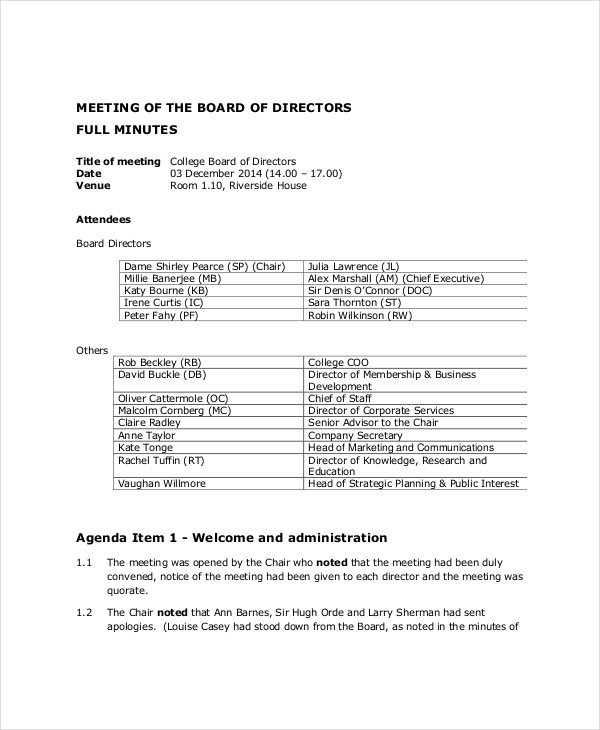 Board Meeting Minutes Templates Board Of Directors Meeting Agenda Template – 8 Free Word