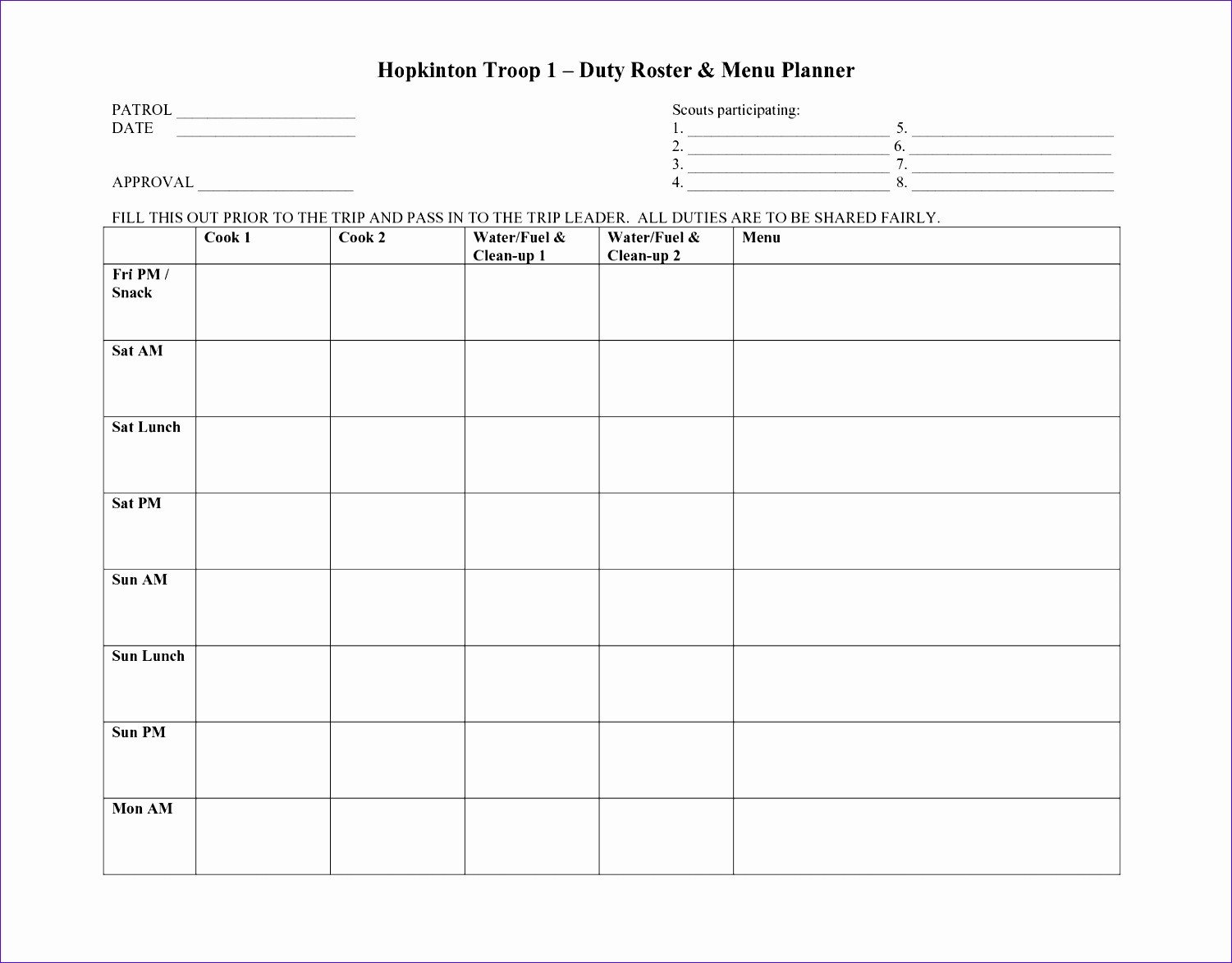Boy Scout Meal Planning Template 6 Meal Planning Template Excel Exceltemplates