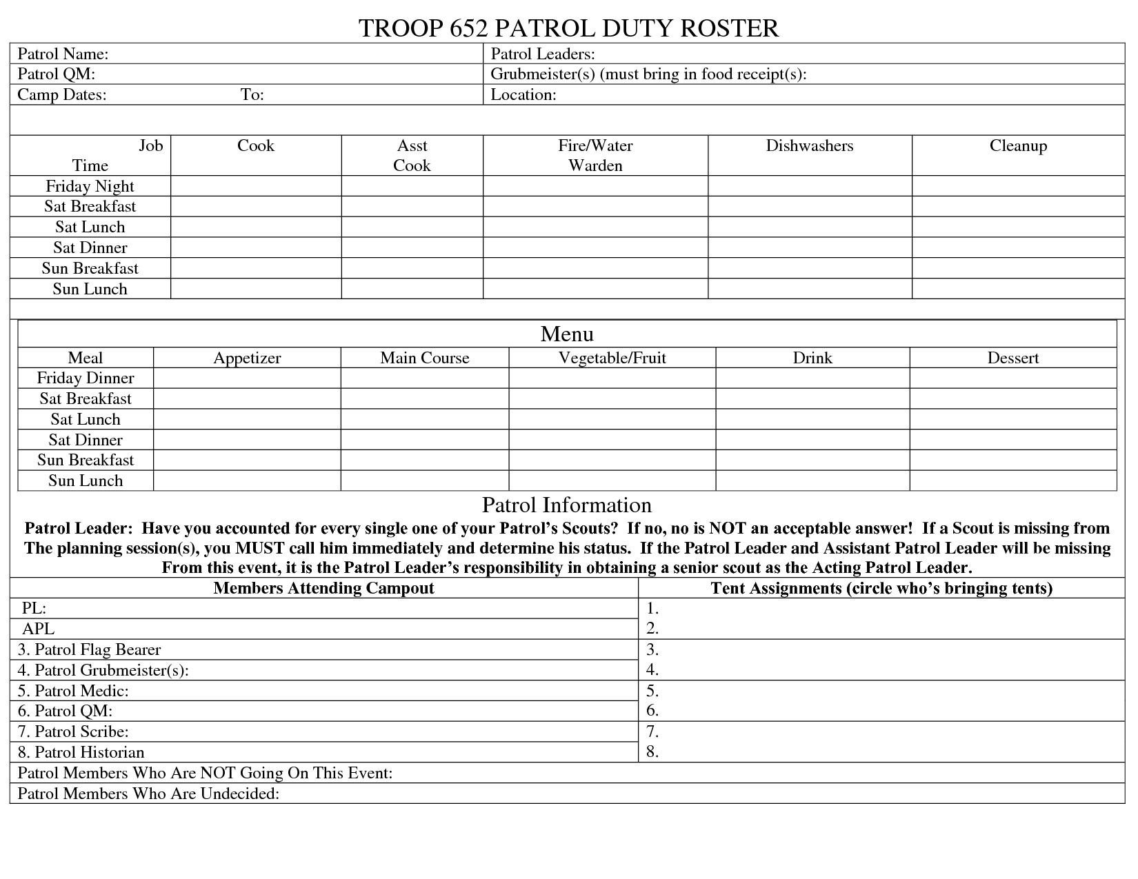 Boy Scout Meal Planning Template Boy Scout Duty Roster Template