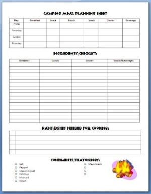 Boy Scout Meal Planning Template Camping Meal Planning Sheet Camping Menu