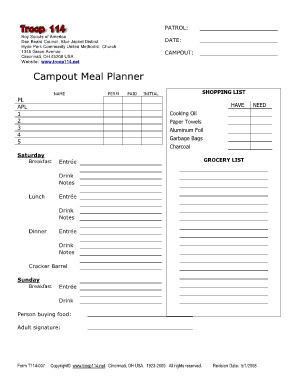 Boy Scout Meal Planning Template Fillable Line Campout Meal Planner Boy Scout Troop 114