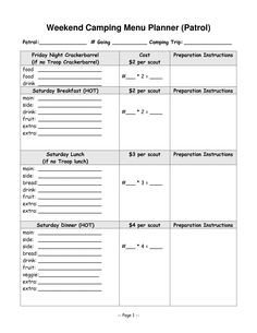 Boy Scout Meal Planning Template Template for Boy Scout Camping Trips Google Search