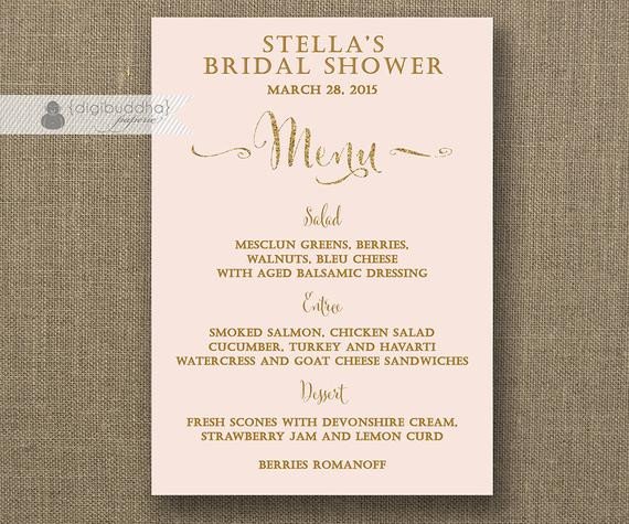 Bridal Shower Menu Template Blush Pink &amp; Gold Menu Glitter Bridal Shower Bohemian Wedding