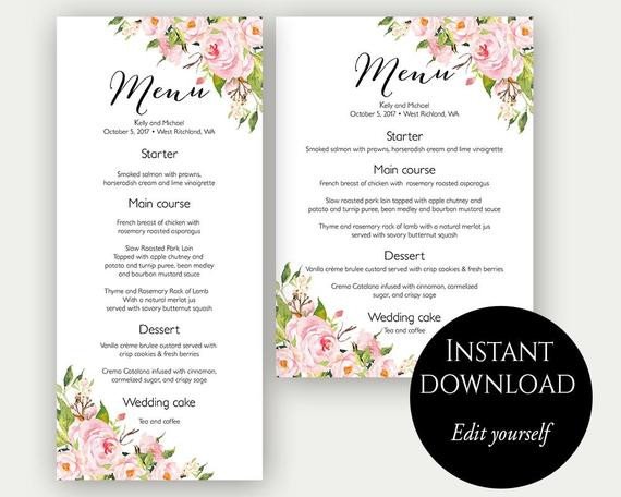 Bridal Shower Menu Template Menu Template Wedding Menu Menu Cards Editable Menu Menu