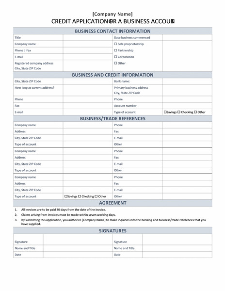 Business Credit Application Template Financial Management Fice
