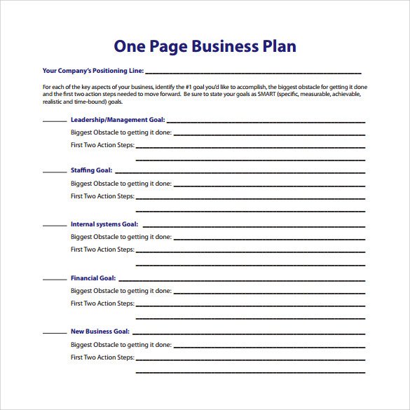 Business One Sheet Template E Page Business Plan Template
