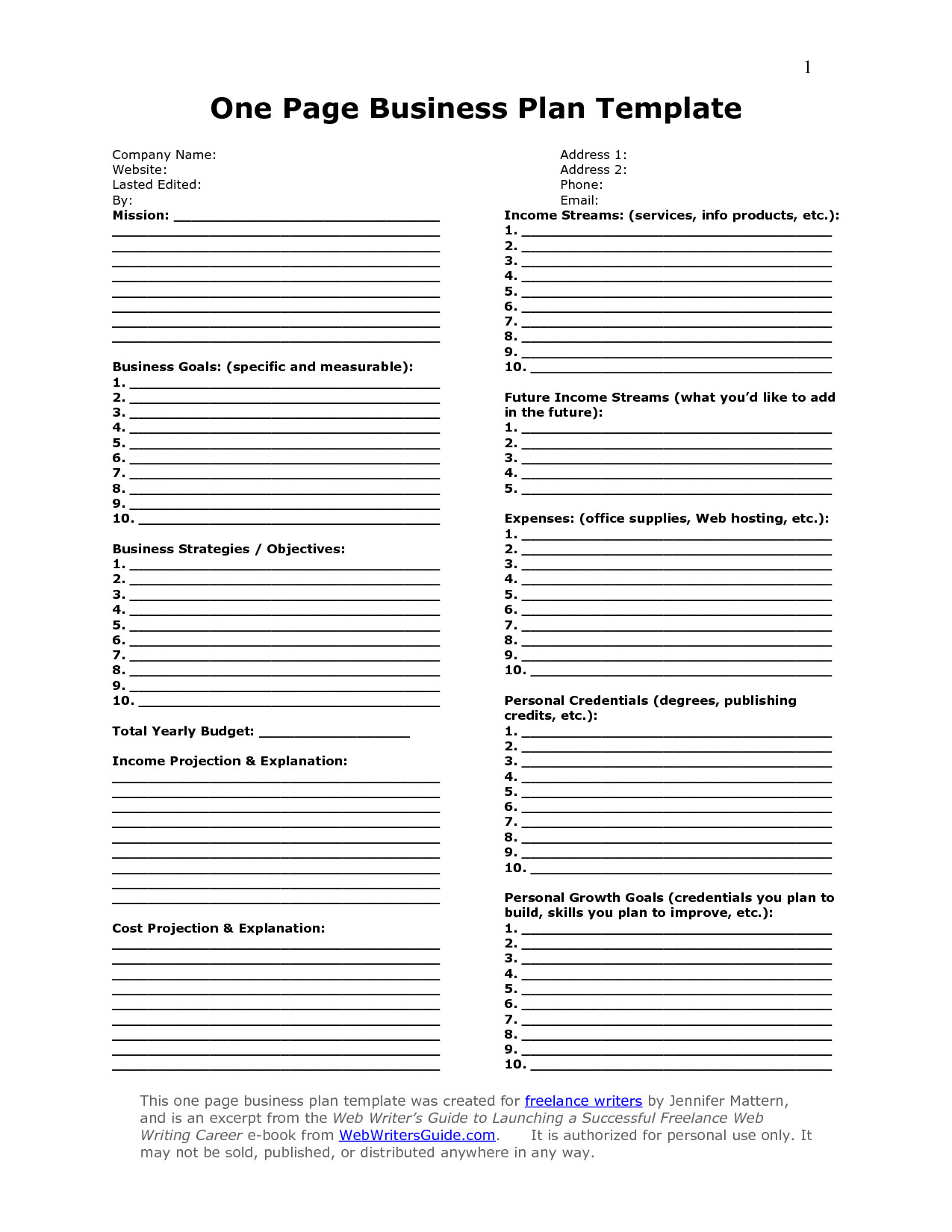 Business One Sheet Template E Page Business Plan Template