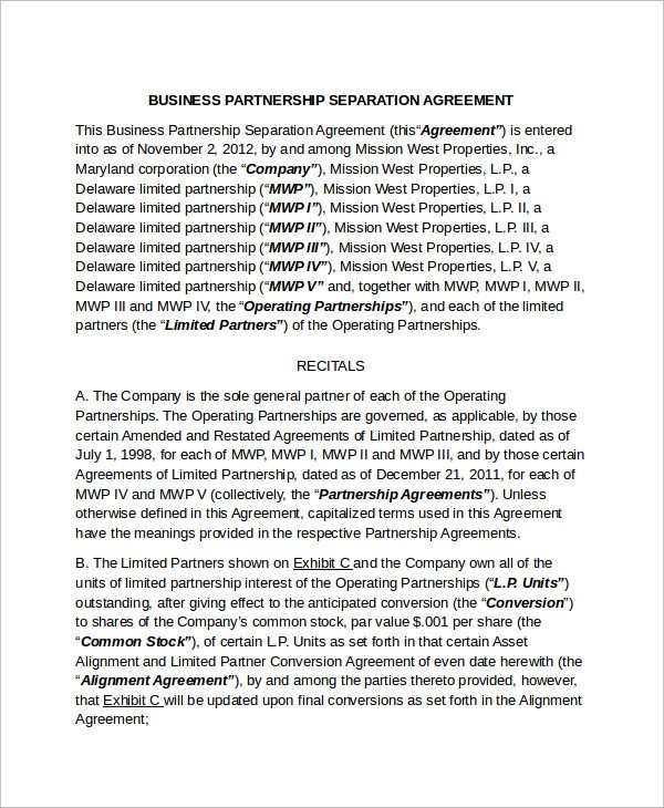 Business Partnership Separation Agreement Template Sample Business Separation Agreement Template 9 Free