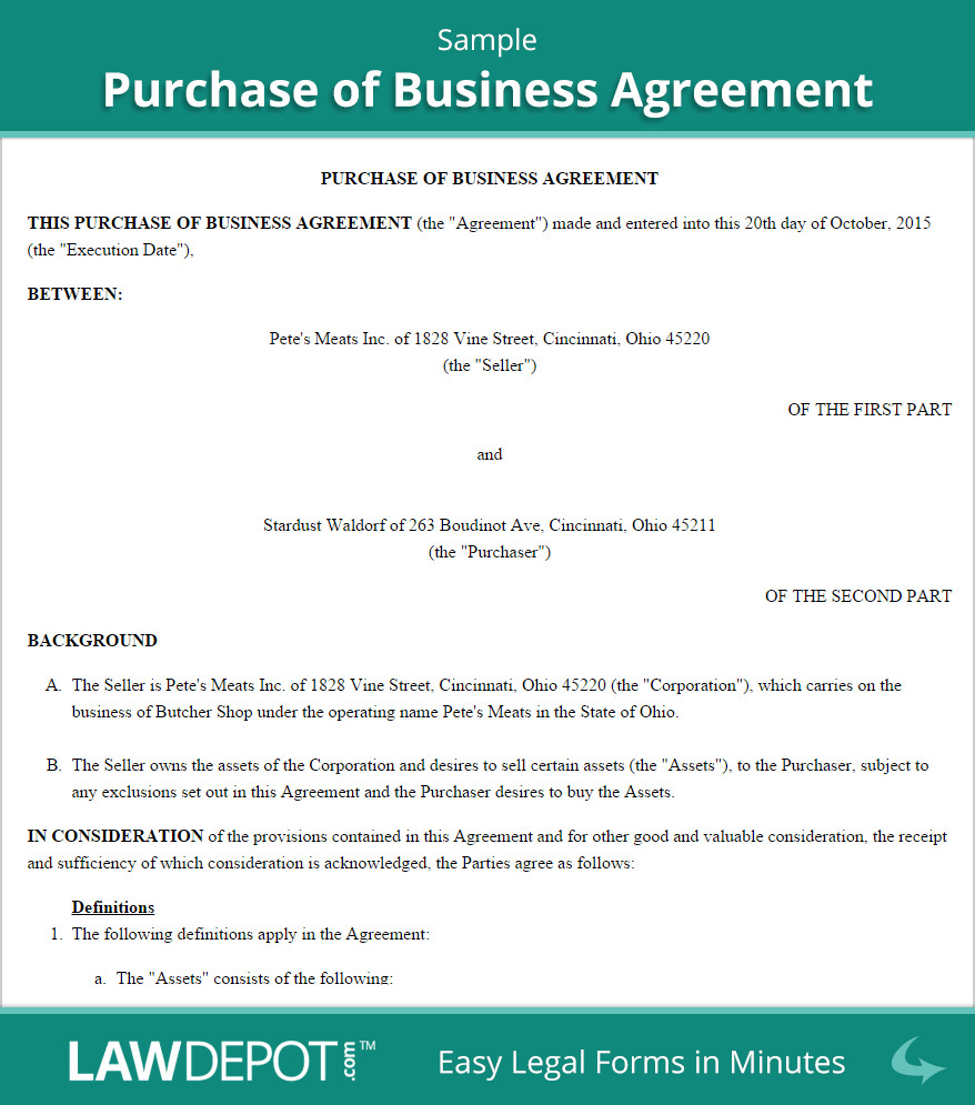 Business Purchase Agreement Template Free Purchase Of Business Agreement Create Download