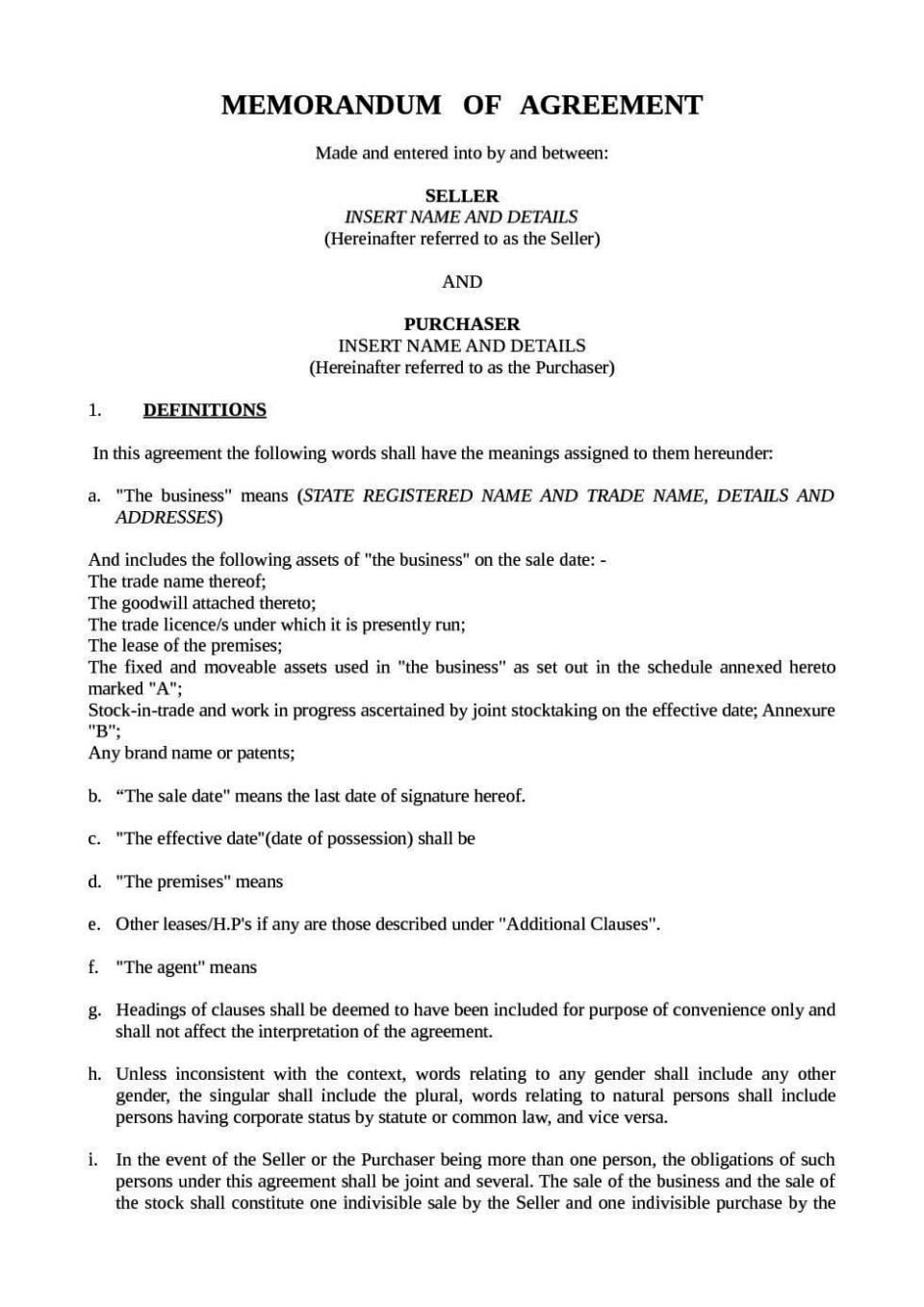 Business Purchase Agreement Template Small Business Purchase Agreement Template