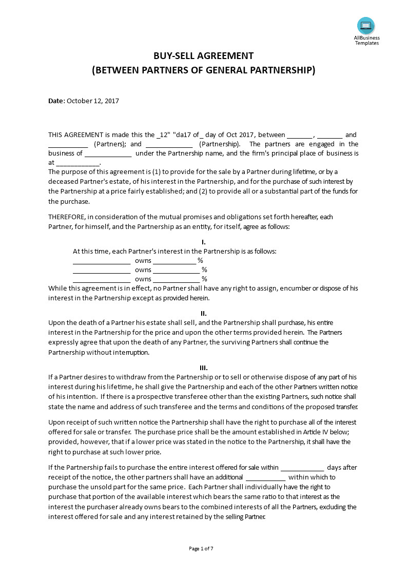 Buy Sell Agreements forms Partnership Buy Sell Agreement form