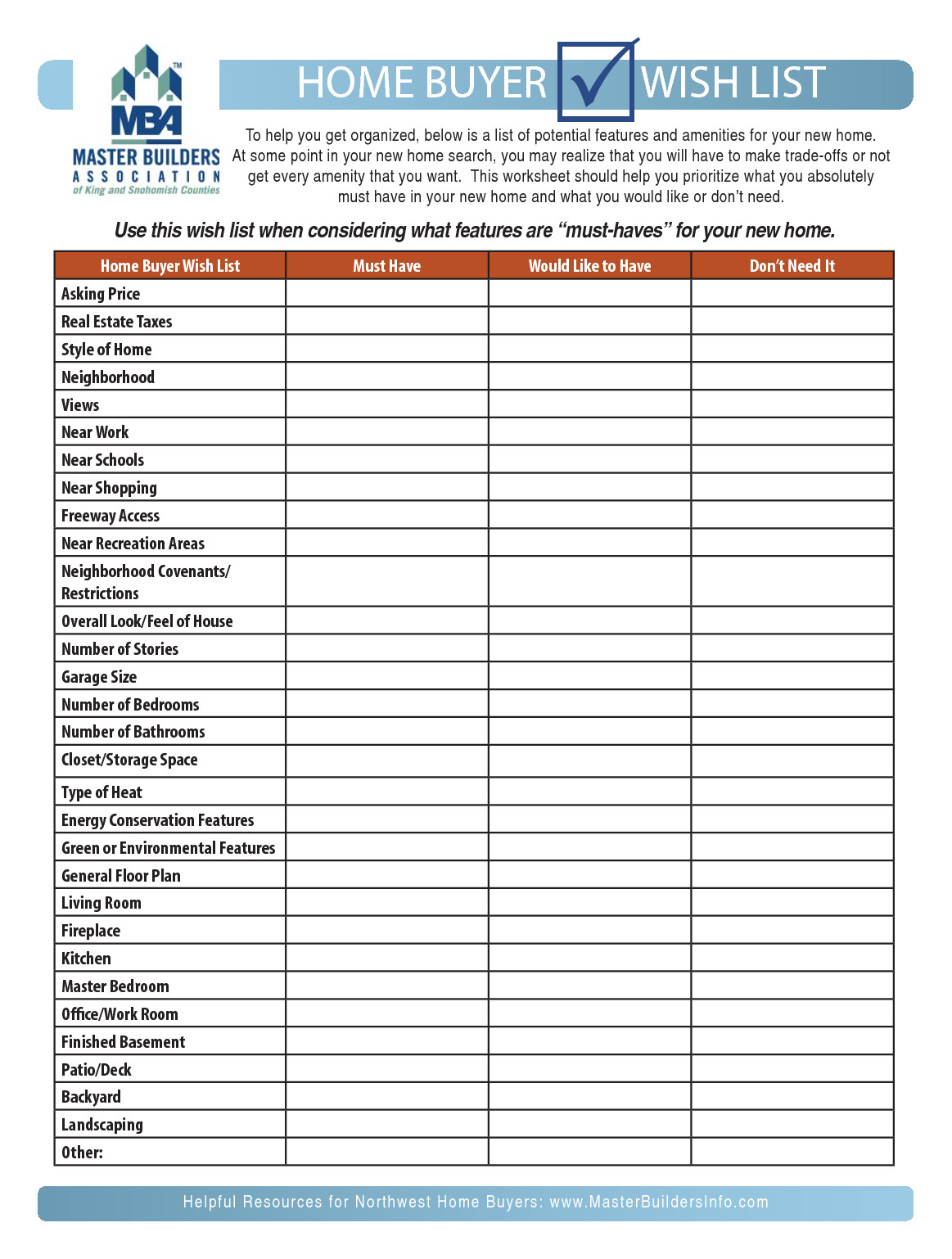 Buying A House Checklist Template Home Buyers Wish List Must Have Would Like to Have Don