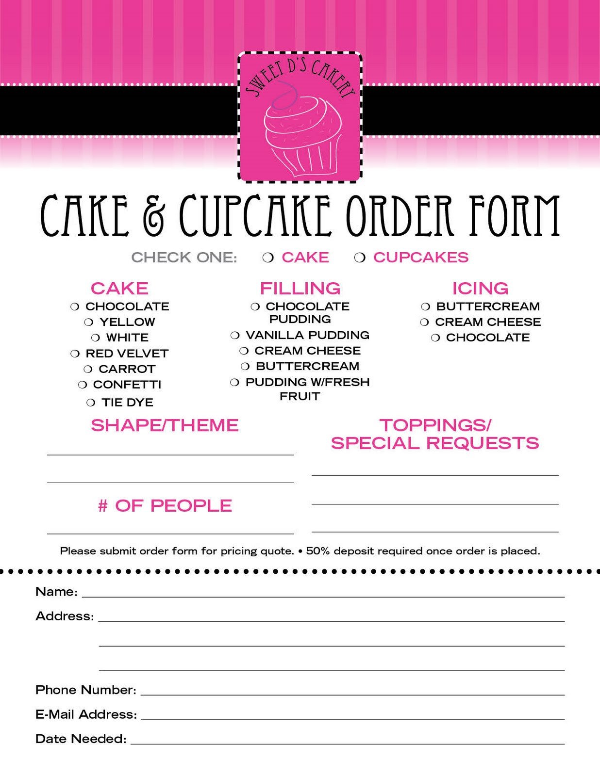 Cake order forms Templates Sweet D S Cakery Download Our order form Here