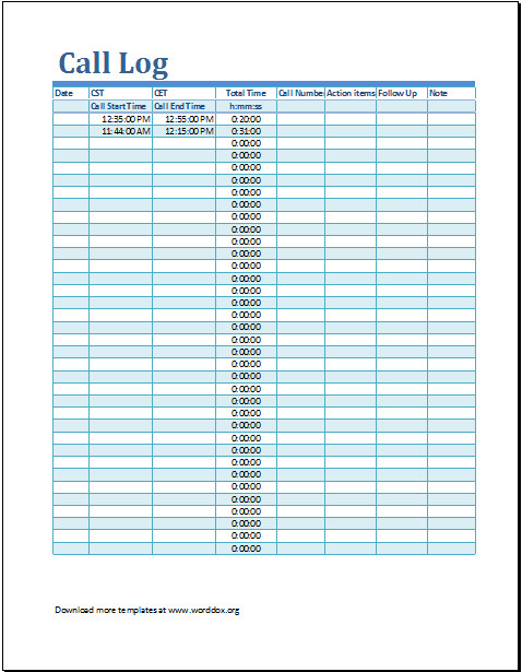 Call Log Template Excel Ms Excel Call Log Template