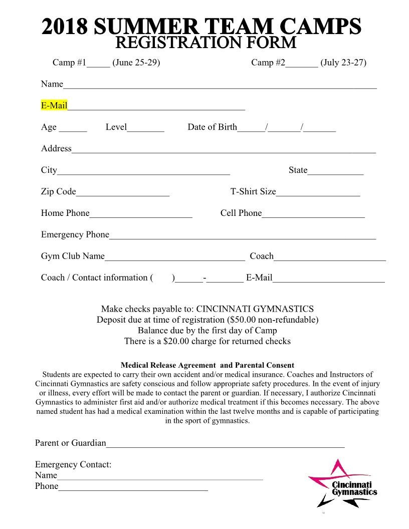 Camp Registration forms 2018 Summer Team Camps Registration form Cincinnati